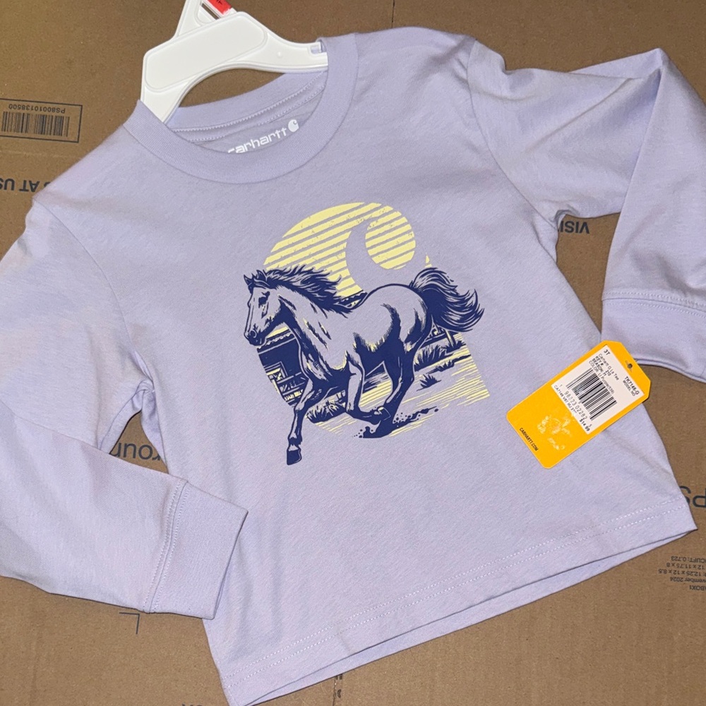 Carhartt Lavender Long-Sleeve Tee with Navy Horse Graphic